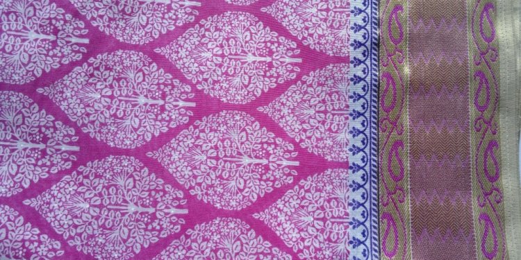 Pink Block Print Saree Fabric