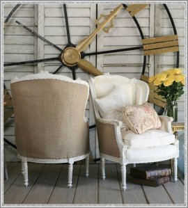 Burlap chairs...hmmm! When I slipcover my Living Room Chairs in White Denim...I should do the backs of them in Burlap!!!