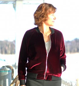 Mood Fabrics' Rayon Silk Velvet bomber jacket using McCall's 7100