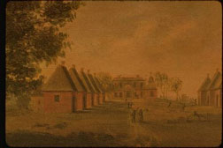 View of Mulberry, House and Street, ca. 1800, by Thomas Coram (American, 1756-1811); oil on paper.